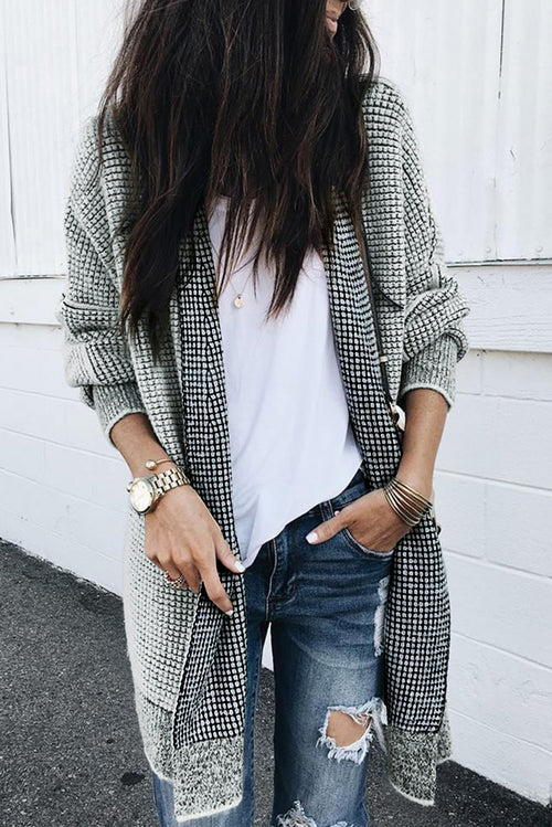 Apricot Plaid Casual Open Front Long Knit Cardigan Shewin