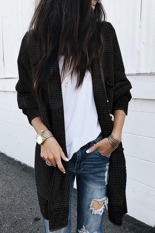 Apricot Plaid Casual Open Front Long Knit Cardigan Shewin