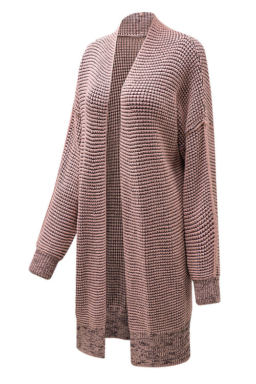 Apricot Plaid Casual Open Front Long Knit Cardigan Shewin