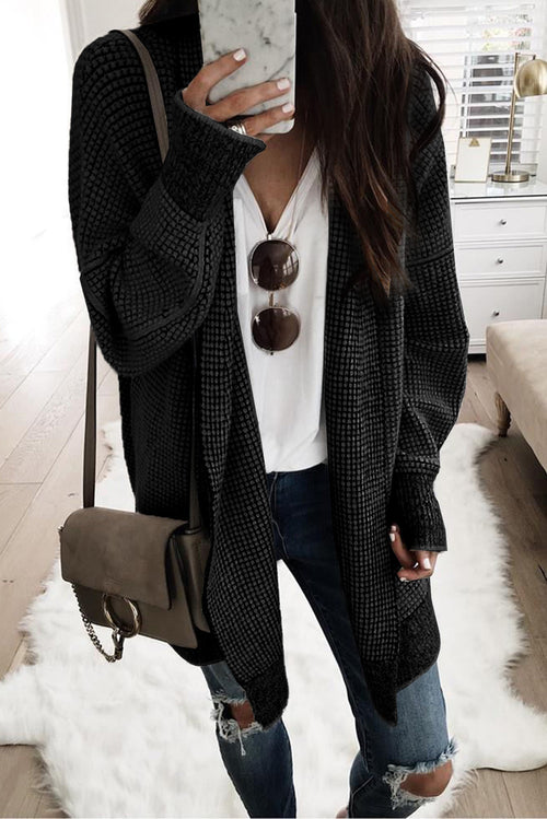 Apricot Plaid Casual Open Front Long Knit Cardigan Shewin