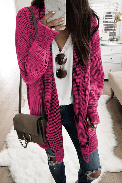 Apricot Plaid Casual Open Front Long Knit Cardigan Shewin