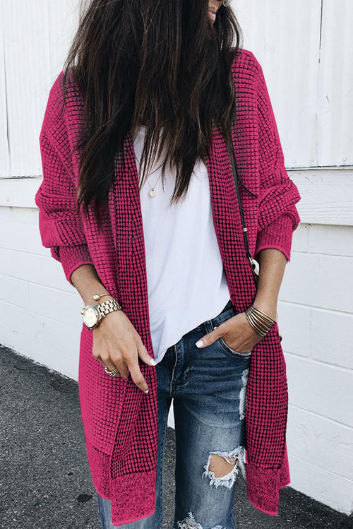 Apricot Plaid Casual Open Front Long Knit Cardigan Shewin