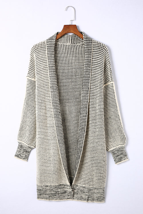 Apricot Plaid Casual Open Front Long Knit Cardigan Shewin