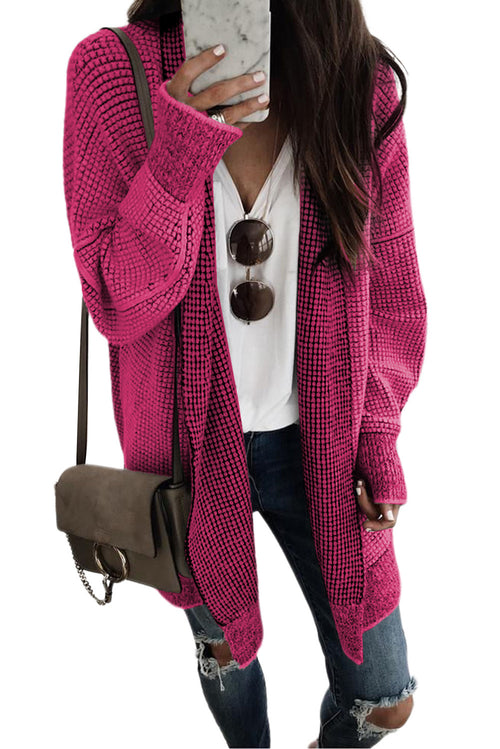 Apricot Plaid Casual Open Front Long Knit Cardigan Shewin